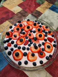 This Chantilly Creme is a frozen delight. It has strawberries and blueberries along with homemade whipped cream and a compliment of sweetness.