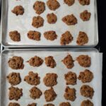 Small soft cookies on two cookies pans. Made with Chocolate Chips Oatmeal Pecans and Applesauce, No extra sugar as the Applesauce has sugar and there is 2 tablespoons of honey in them.