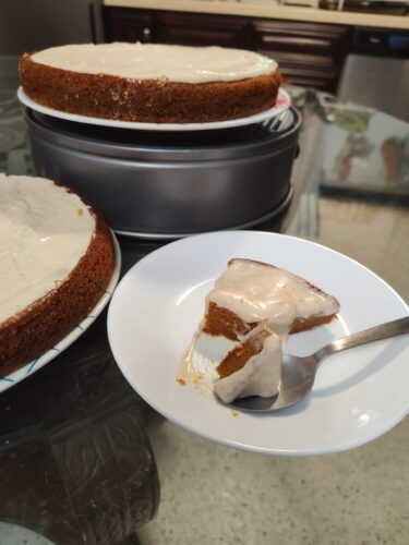 The essence of Chai and Orange with Cream Cheese Frosting on an Eggless Pumpking Pie Spice Cake. Yum!