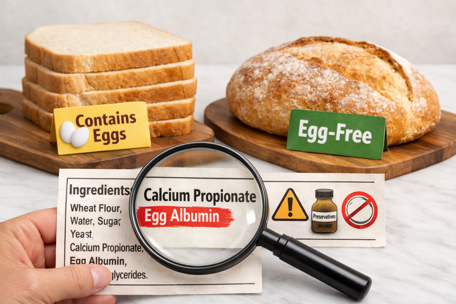 Breads With and Without Eggs – What to Look For Egg-free bread compared to bread containing eggs with ingredient label for allergy safety